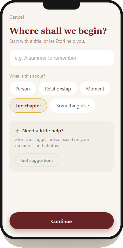 Ztori screen asking 'Where shall we begin?' with a title input and story category options