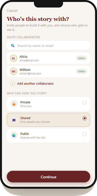 Ztori screen asking 'Who's this story with?' with collaborator and privacy settings