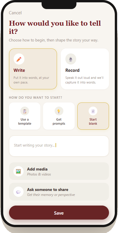 Ztori screen asking 'How would you like to tell it?' with write, record, and start options