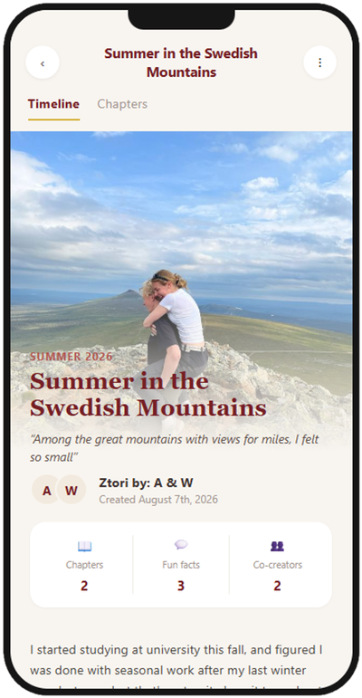 Ztori screen showing saved stories and a discover tab for browsing stories shared by others