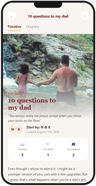 Ztori story called 10 questions to my dad, showing a father and daughter by a stream
