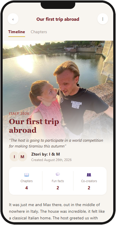 Ztori story called Our first trip abroad, showing a couple by the water in Italy