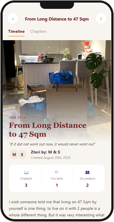 Ztori story called From Long Distance to 47 Sqm, showing moving boxes in an apartment